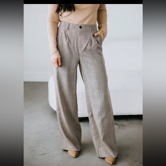 Sans Souci Adrie Plaid Trouser Pants Wide Leg High Rise Tan Womens Size Large - Picture 1 of 12